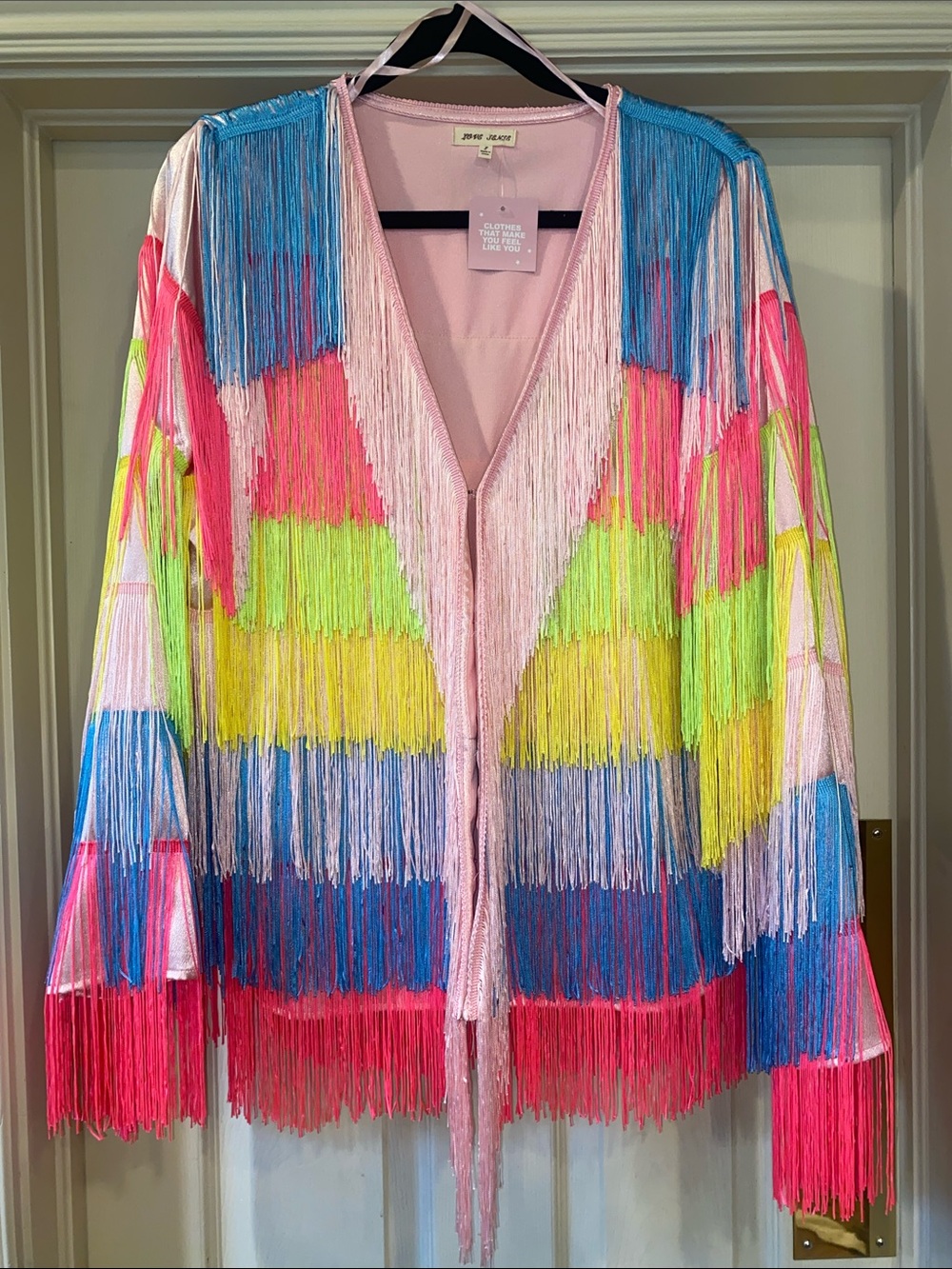Dressed in Lala Bold Multicolor Satin Fringe Jacket - Pink, Blue & Neon